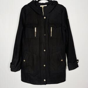 Michael Michael Kors Womens 14 Black Wool Blend Hooded Peacoat Jacket Gold